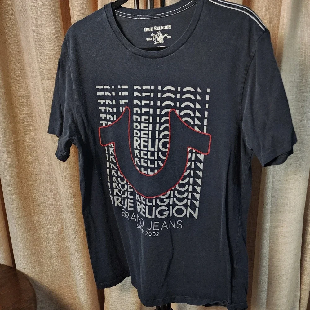 True Religion T-Shirt Large Black Graphic Horseshoe Logo Cotton Short Sleeve